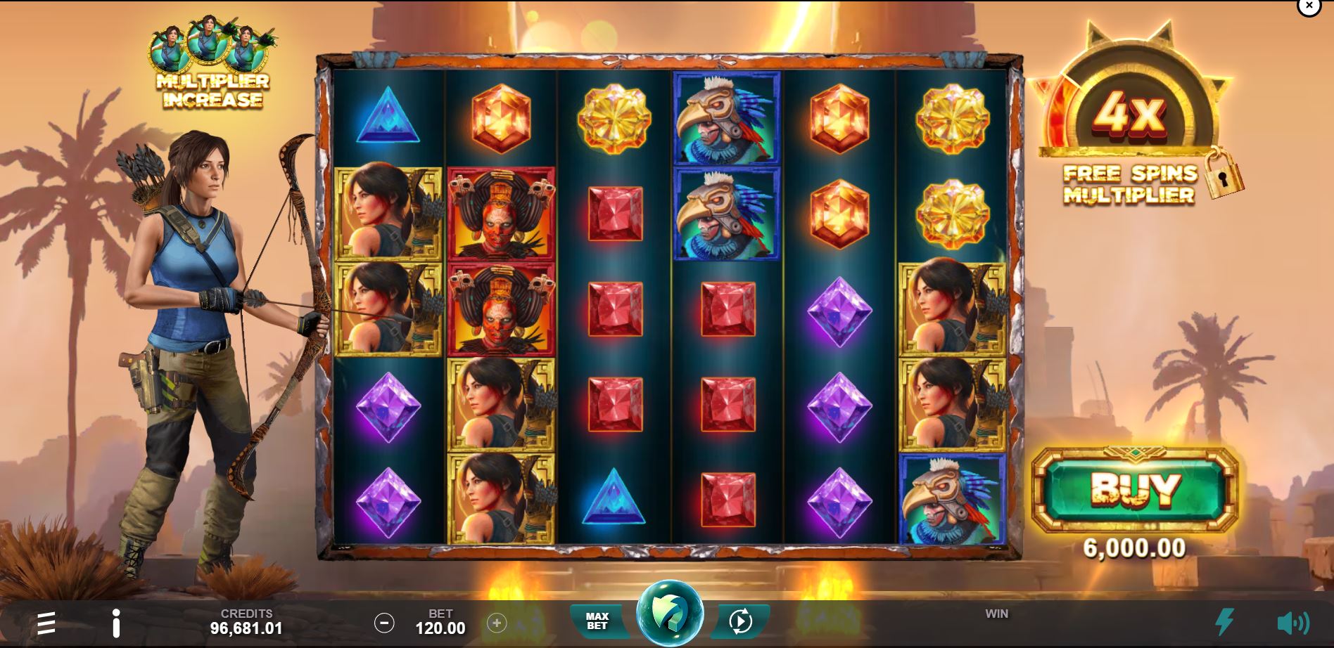 The main game screen of Lara Croft: Fortune of the Eclipse slot, showing the 6x5 grid and Lara Croft standing to the left.