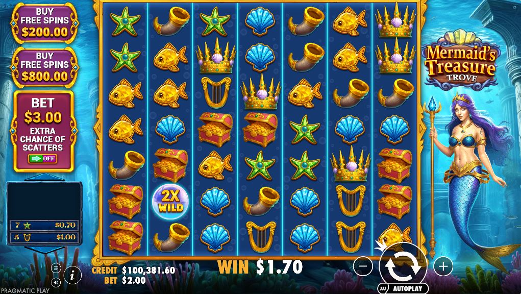Mermaid's Treasure Trove slot base game view on a 7x7 grid with mermaid character.