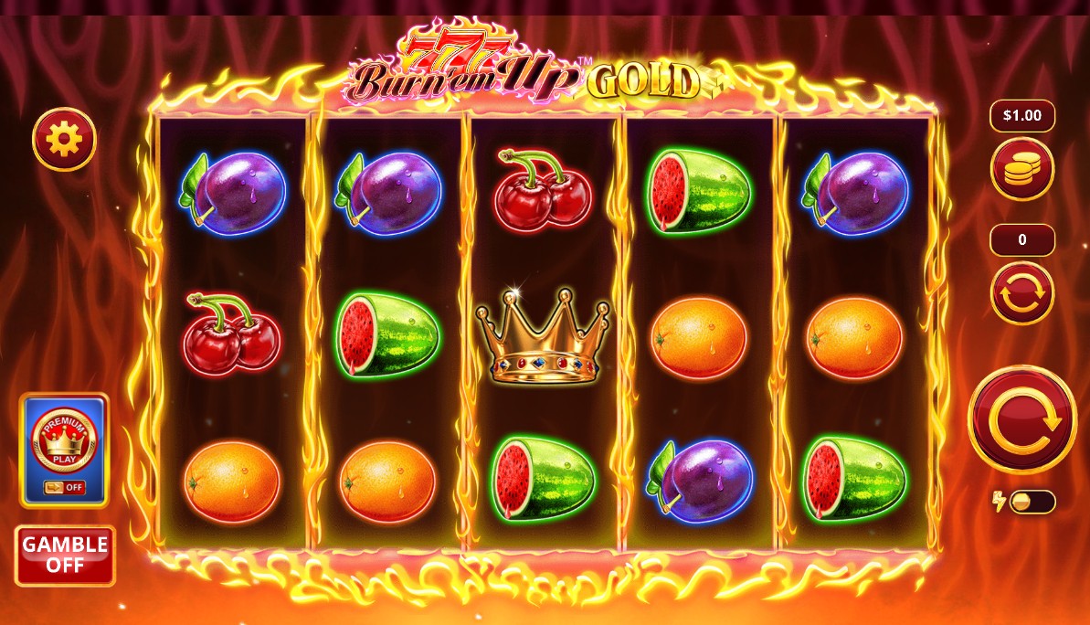 The base game screen of Burn 'em Up Gold slot, showing the 5x3 reel layout and fiery theme.