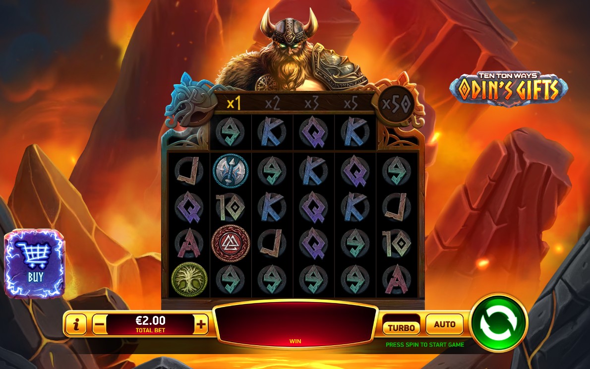 The main game screen of Ten Ton Ways Odin's Gifts, showcasing the 6x4 reel layout, the top reel, and the volcanic Norse theme.