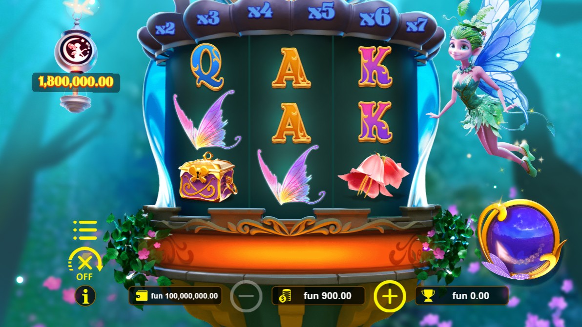 The base game grid of the Tower of Riches slot, showing the 3x3 layout and the fairy character.