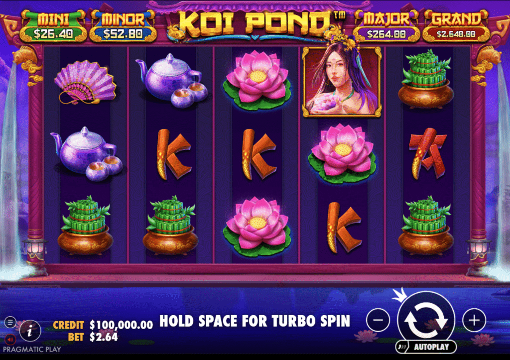 The 5x3 reel layout of the Koi Pond slot game, showing the tranquil water garden theme and various paying symbols during base gameplay.