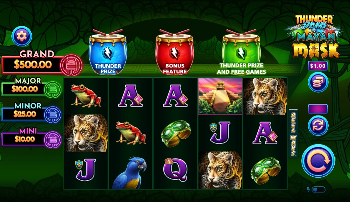 The main game screen of Thunder Drums Mayan Mask slot, showing the 5x3 grid and jackpot prizes.