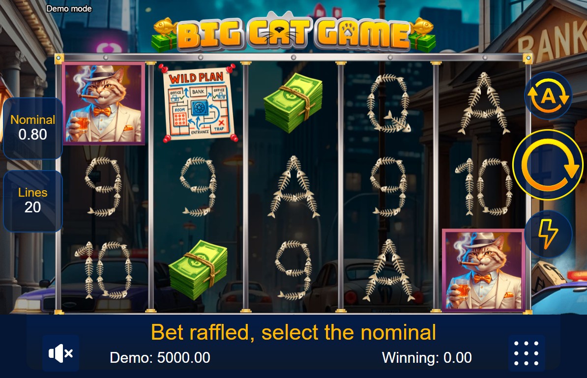 The 5x3 game grid of the Big Cat Game slot, showcasing the cat characters and fishbone symbols against a city backdrop.