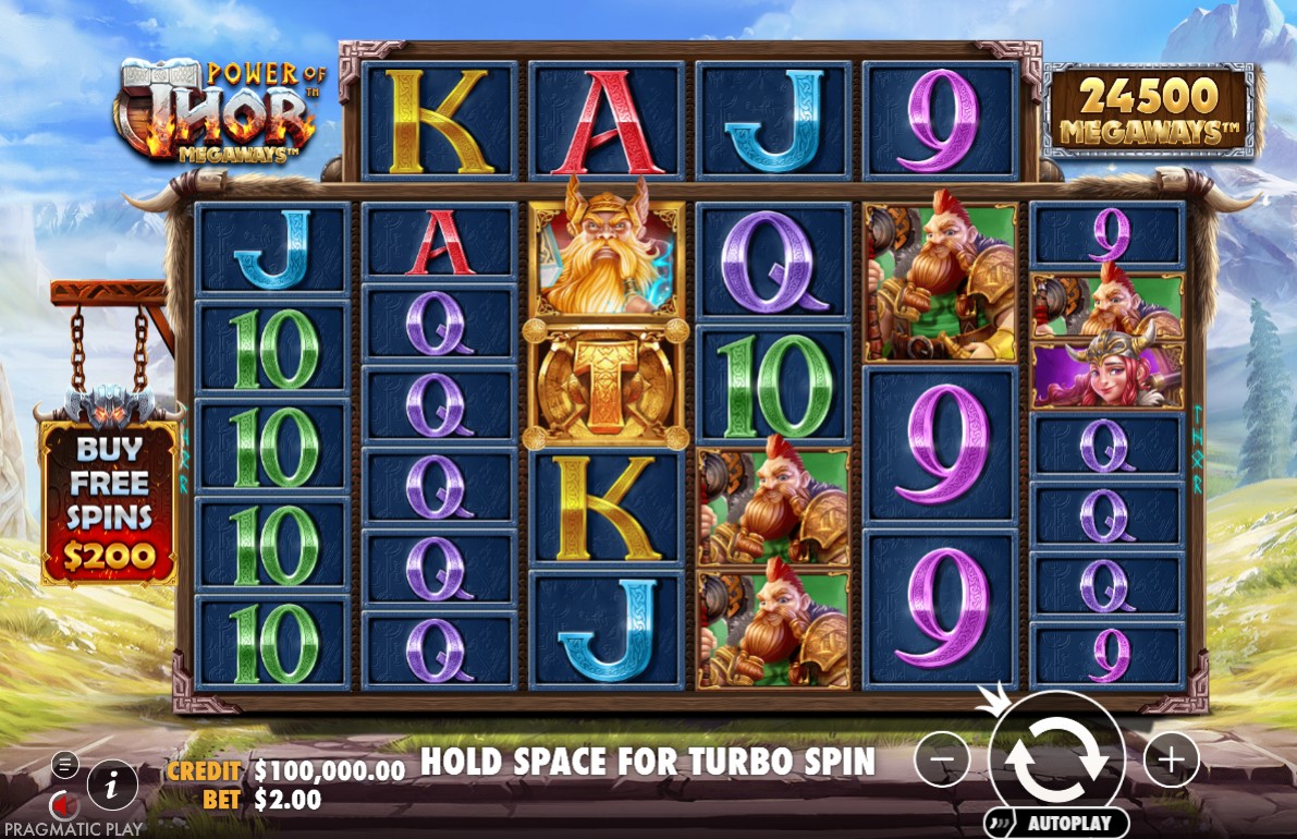 The main game grid of Power of Thor Megaways slot, showing the 6x7 layout with the top tracker reel and Thor beside the reels.