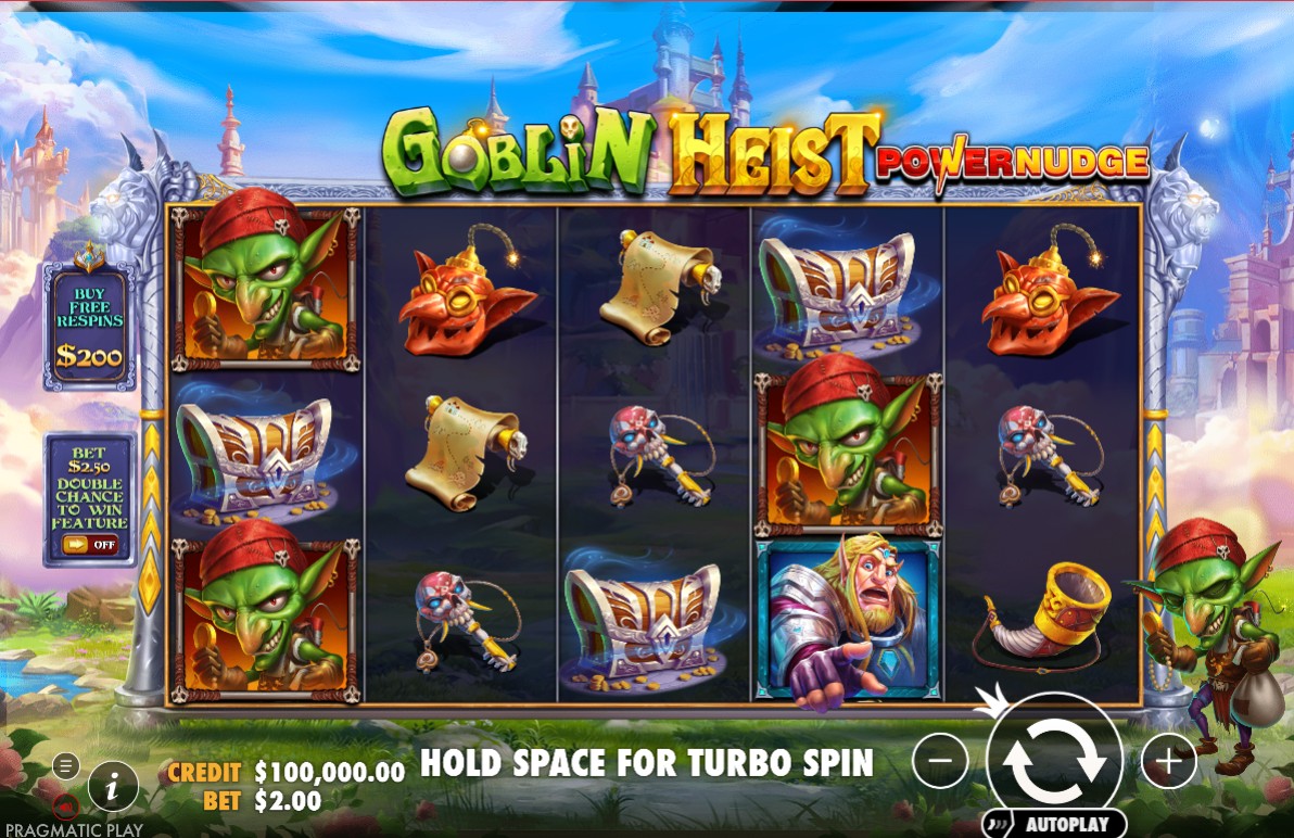 The base game screen of Goblin Heist Powernudge, showing the 5x3 reel layout with various goblin-themed symbols and a castle in the background.