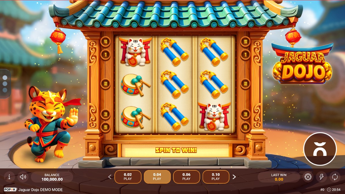 The base game screen of Jaguar Dojo slot, showing the 3x3 reel layout and the Jaguar Master character.