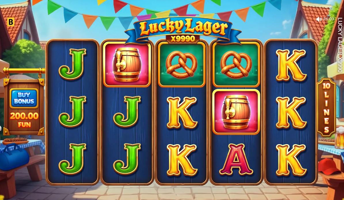 The main 5x3 game grid of the Lucky Lager x9990 slot, showcasing the Oktoberfest theme and symbols.