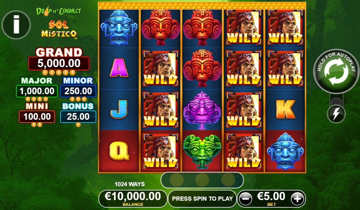The main 5x4 game grid of the Sol Místico slot, showing Aztec-themed symbols against a lush jungle backdrop and the jackpot values.