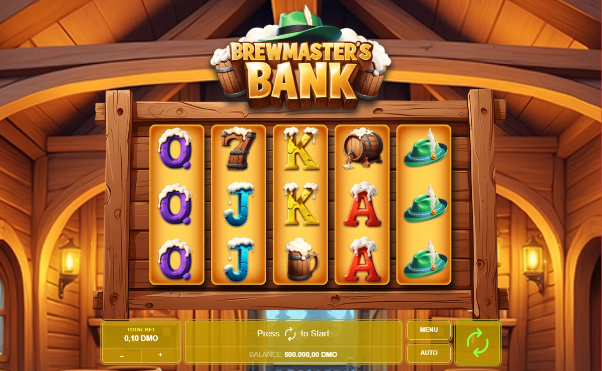 The main game screen of the Brewmaster's Bank slot, showing the 5x3 reel layout in a cozy tavern setting.