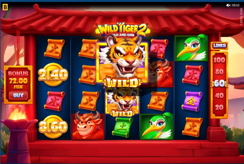The 5x4 grid of the Wild Tiger 2 slot by BGaming, showcasing the Asian-themed symbols in the base game.