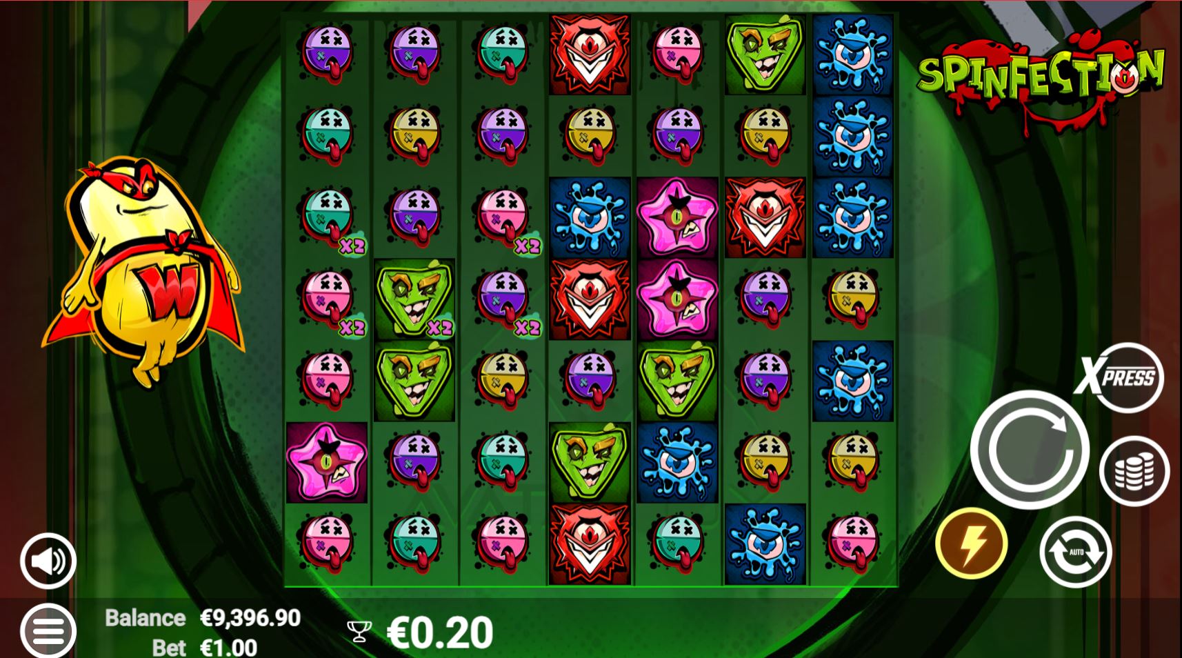 The main 8x6 game grid of the Spinfection slot, showcasing the cartoon virus symbols and Phil the Pill superhero character.