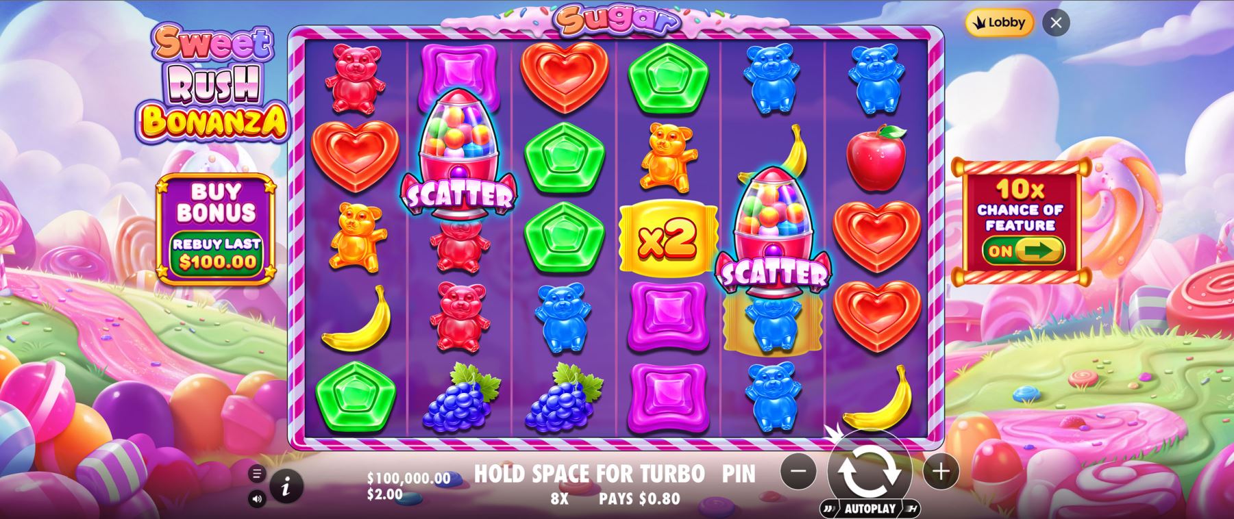 The 6x5 grid of the Sweet Rush Bonanza slot during base gameplay.
