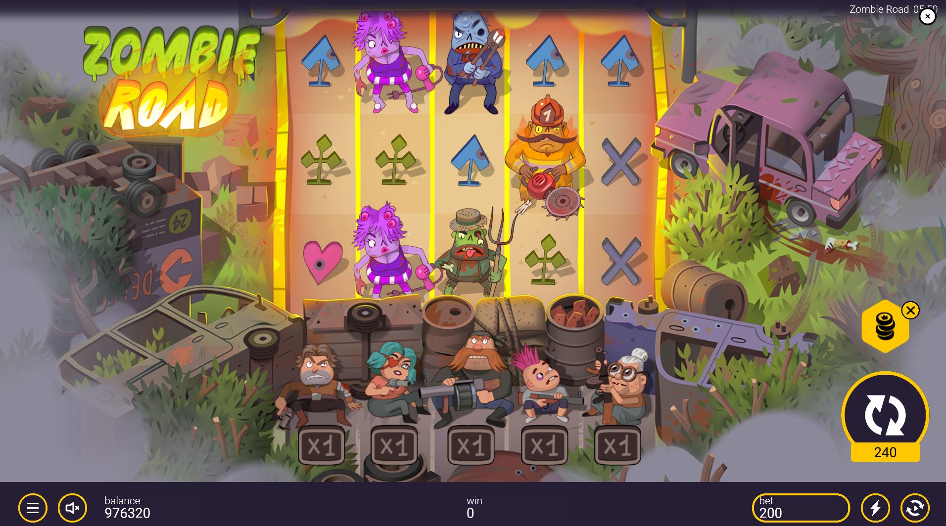 The base game grid of the Zombie Road slot, showing the survivor characters and zombie symbols.