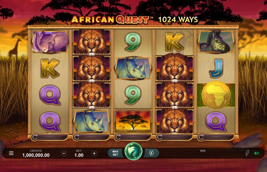 The main 5x4 grid of the African Quest slot, showcasing the stacked lion symbols during base gameplay.