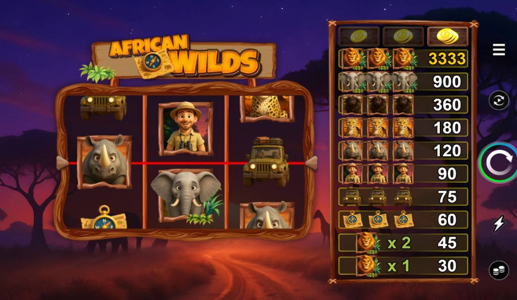 African Wilds slot gameplay with progressive paytable and animal symbols
