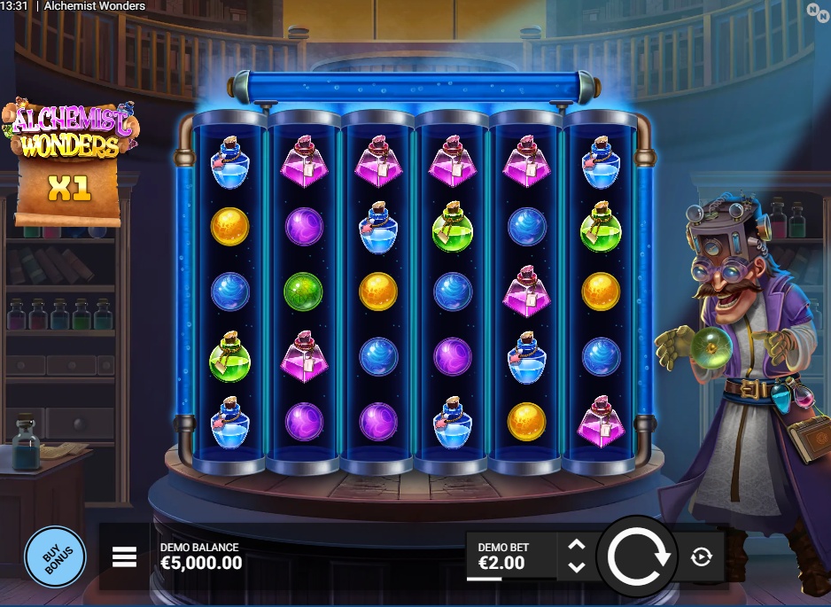 The 6x5 grid of the Alchemist Wonders slot, showing the potion symbols and the alchemist character during base gameplay.