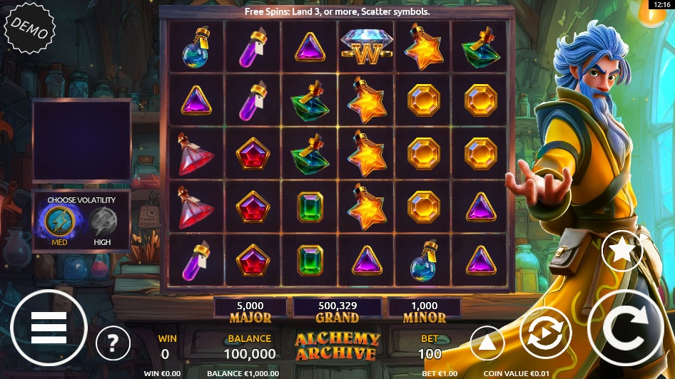 The main 6x5 game grid of the Alchemy Archive slot, featuring the alchemist character and potion symbols.