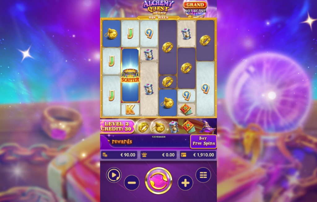 The unique game grid of Alchemy Quest Jackpot, showing blocked reel positions, 648 ways to win, and its alchemy-themed symbols in a mobile view.