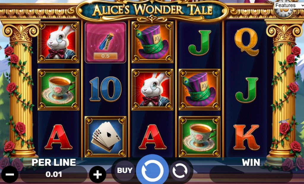 Alice's Wonder Tale slot base game with 5x3 reels and various character symbols from the story.