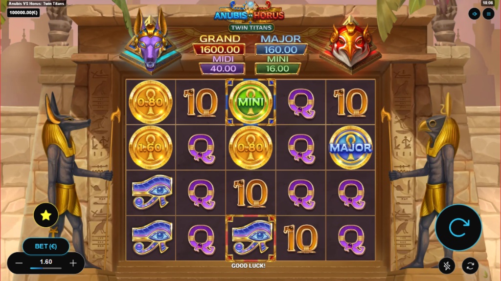 The 4x5 game grid of the Anubis vs Horus: Twin Titans slot, showing various coin symbols and jackpot prizes.