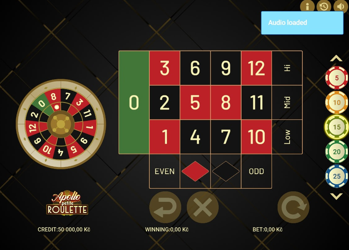 The main game screen of Apollo Petite Roulette, displaying the betting layout, the 13-pocket wheel, and chip selection.