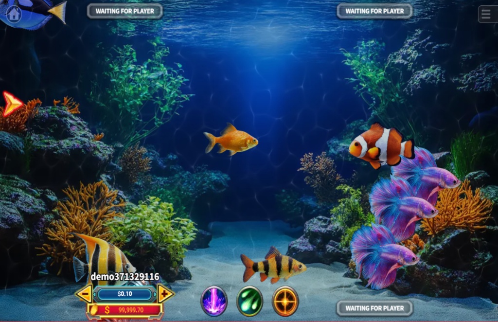 The main gameplay screen of Aqua Dominion, showing the player's cannon, control panel, and various fish swimming around an underwater environment.