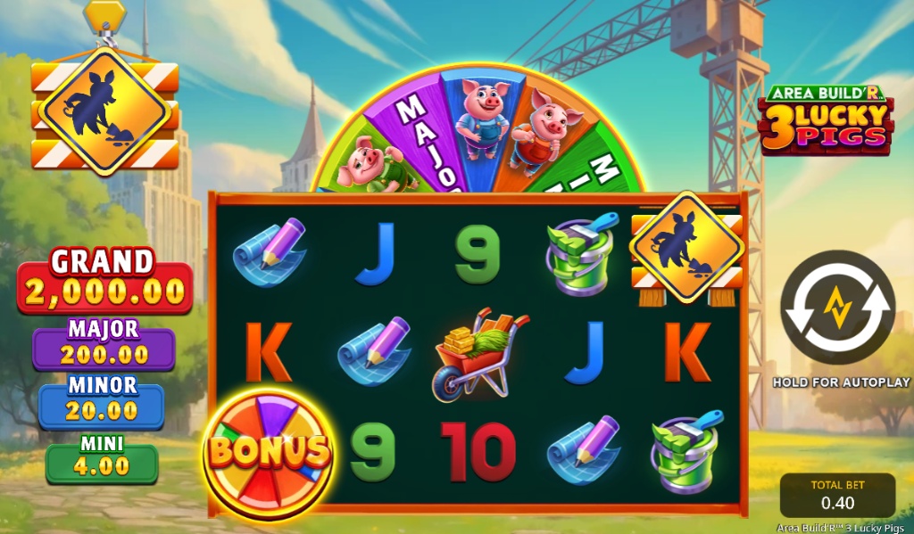 The 5x3 game grid of the Area Build’R 3 Lucky Pigs slot, featuring its construction theme, four jackpot prizes, and the large bonus wheel feature above the reels.