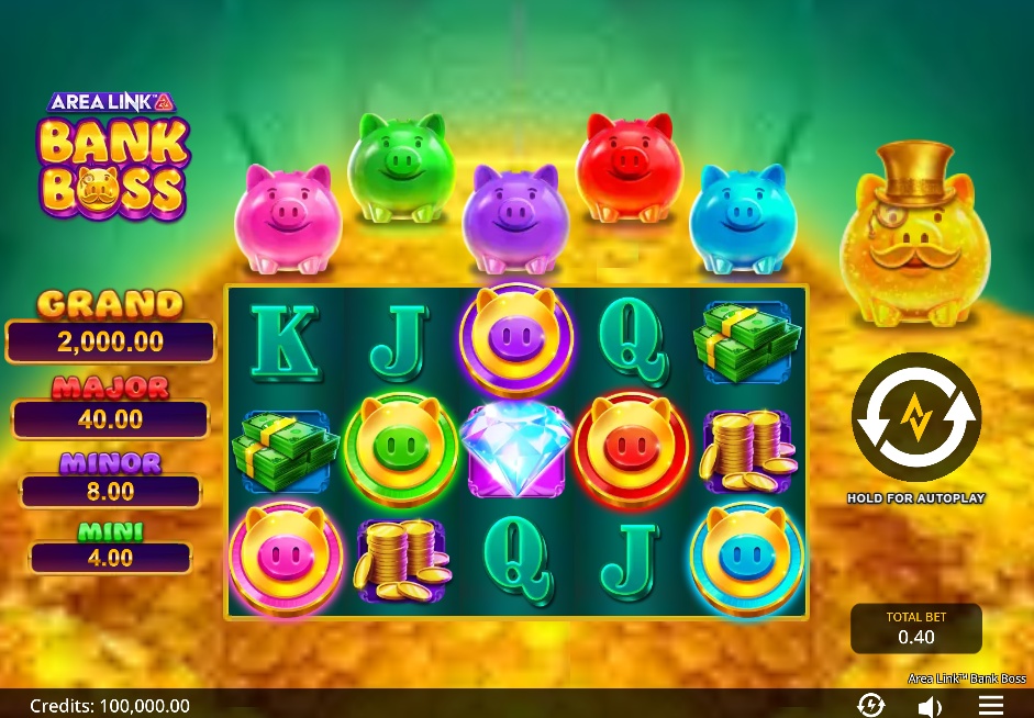 The base game grid of the Area Link Bank Boss slot, showing the reels and piggy bank collection feature.