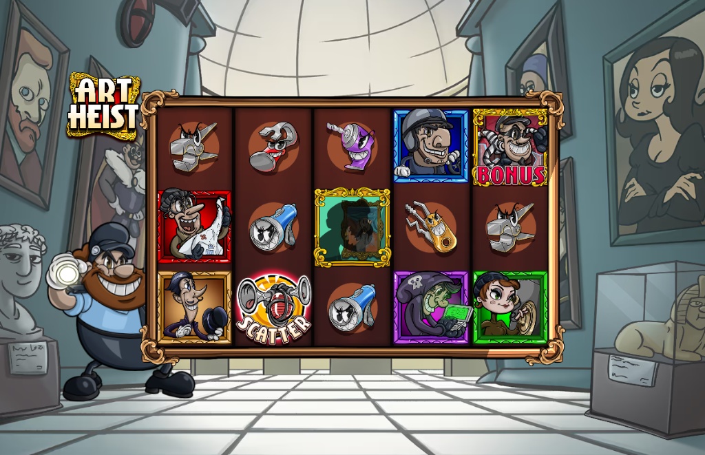 Main gameplay screen of the Art Heist slot, showing the 5x3 reels, character symbols, and bonus scatter icons in a museum setting.