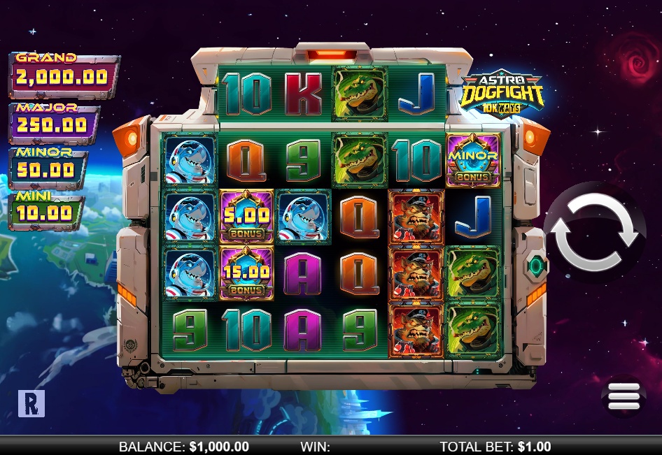 The main game grid of the Astro DogFight 10K Ways slot, showing the 6-reel layout and space theme.