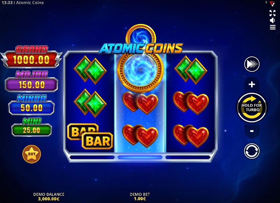 The 3x3 reel layout of the Atomic Coins slot, showing classic symbols and the four fixed jackpots on the left side of the screen.