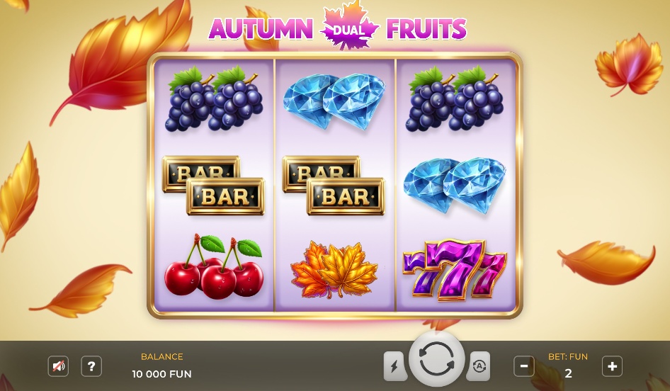 The 3x3 reel layout of the Autumn Dual Fruits slot, showing fruit, BAR, and diamond symbols during base gameplay.