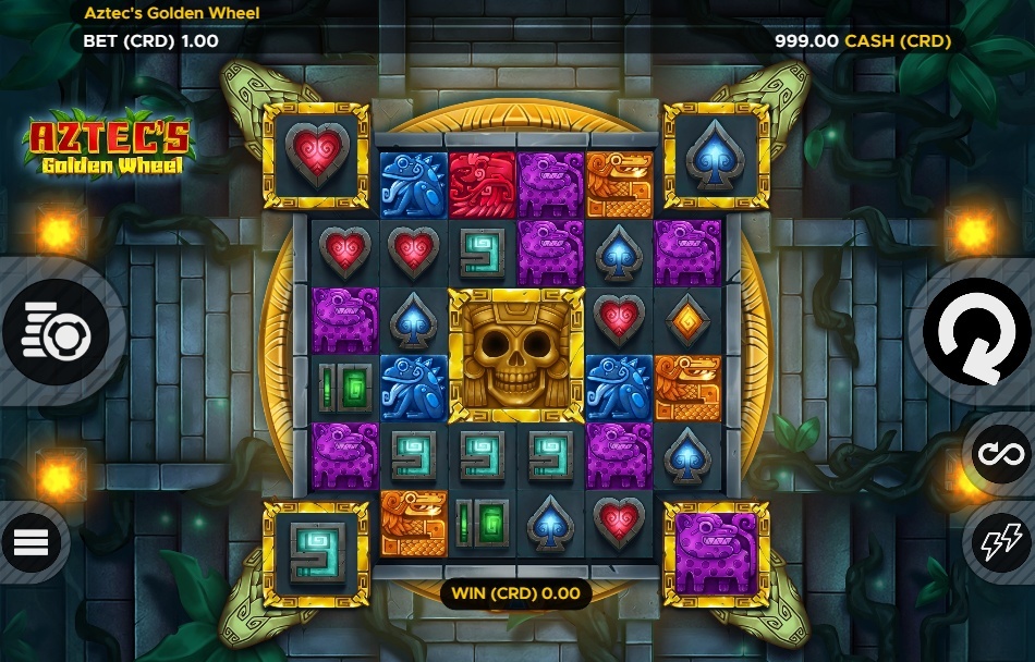 The base game grid of the Aztec's Golden Wheel slot, showing the 5x5 layout and the outer Golden Wheel feature.
