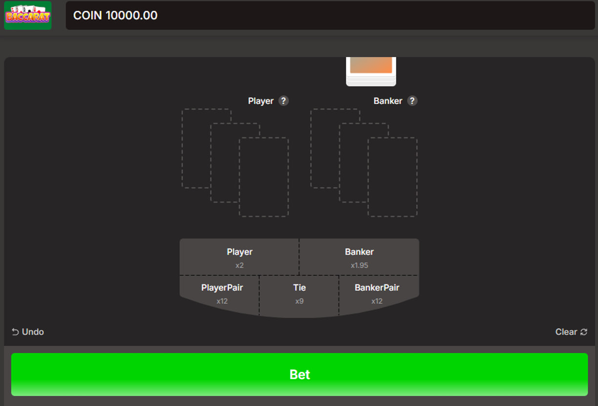 Main betting interface of the YOriginal Baccarat demo game, showing Player, Banker, and Tie options.