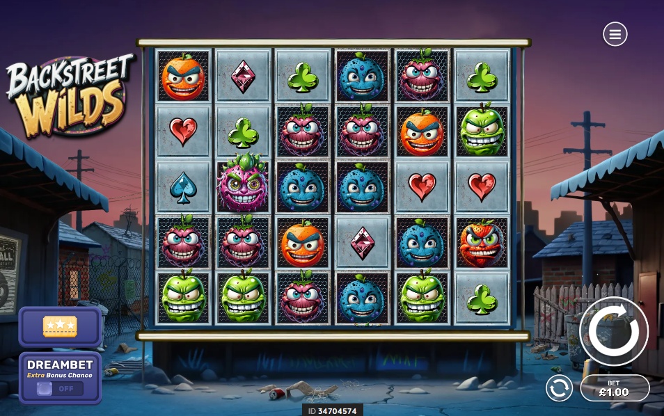 The 6x5 game grid of the Backstreet Wilds slot during base gameplay, showing the angry fruit symbols and a Bonus scatter on the reels.