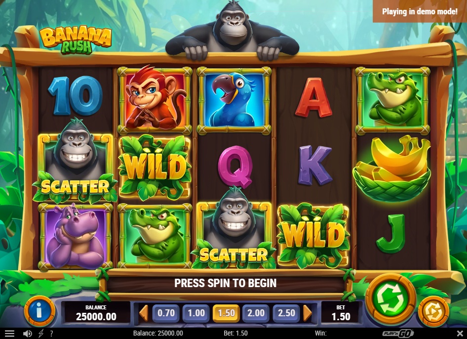 The main game grid of the Banana Rush slot, showing the 5x3 reel layout and various jungle animal symbols.