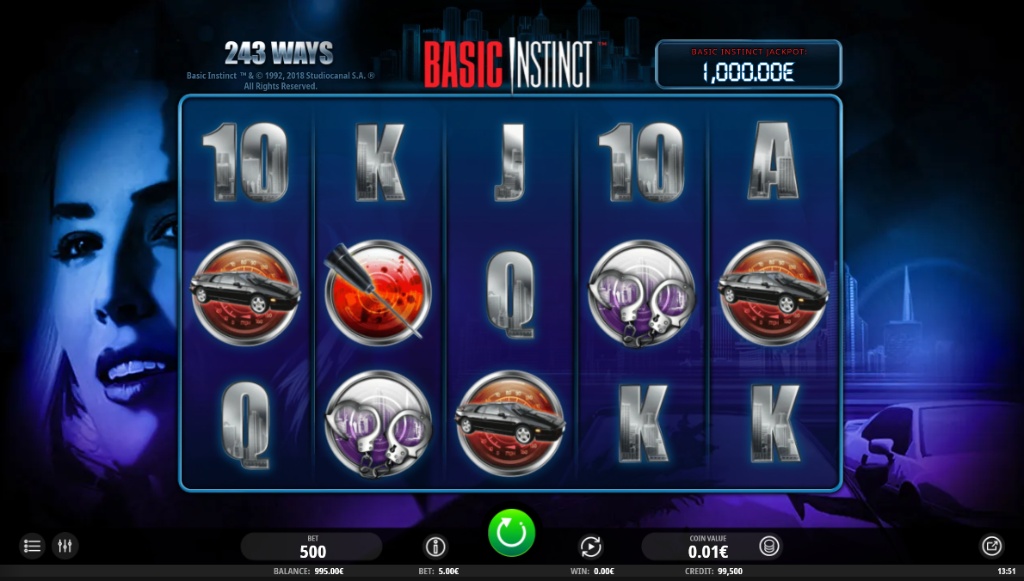 The main 5x3 game screen of the Basic Instinct slot, showing the dark, movie-themed symbols and the progressive jackpot display.