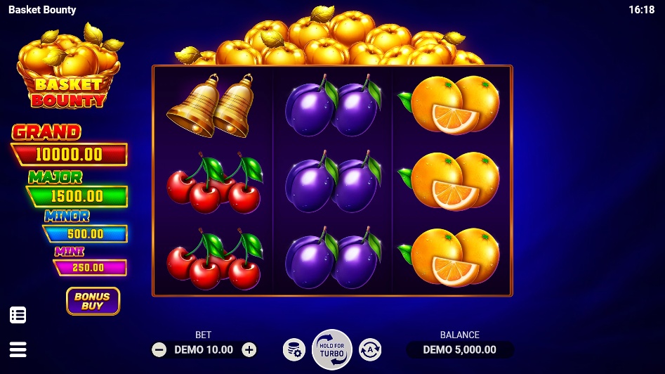 The 3x3 reel layout of the Basket Bounty slot, showing various fruit symbols during base gameplay.