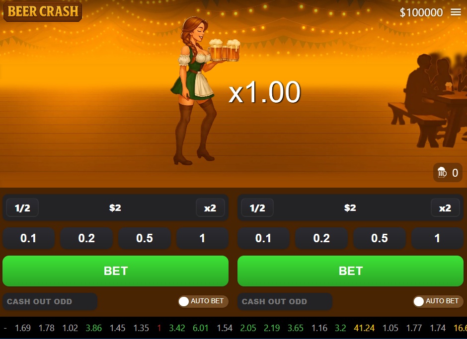 The main gameplay screen of the Beer Crash slot, showing the betting interface and starting multiplier.