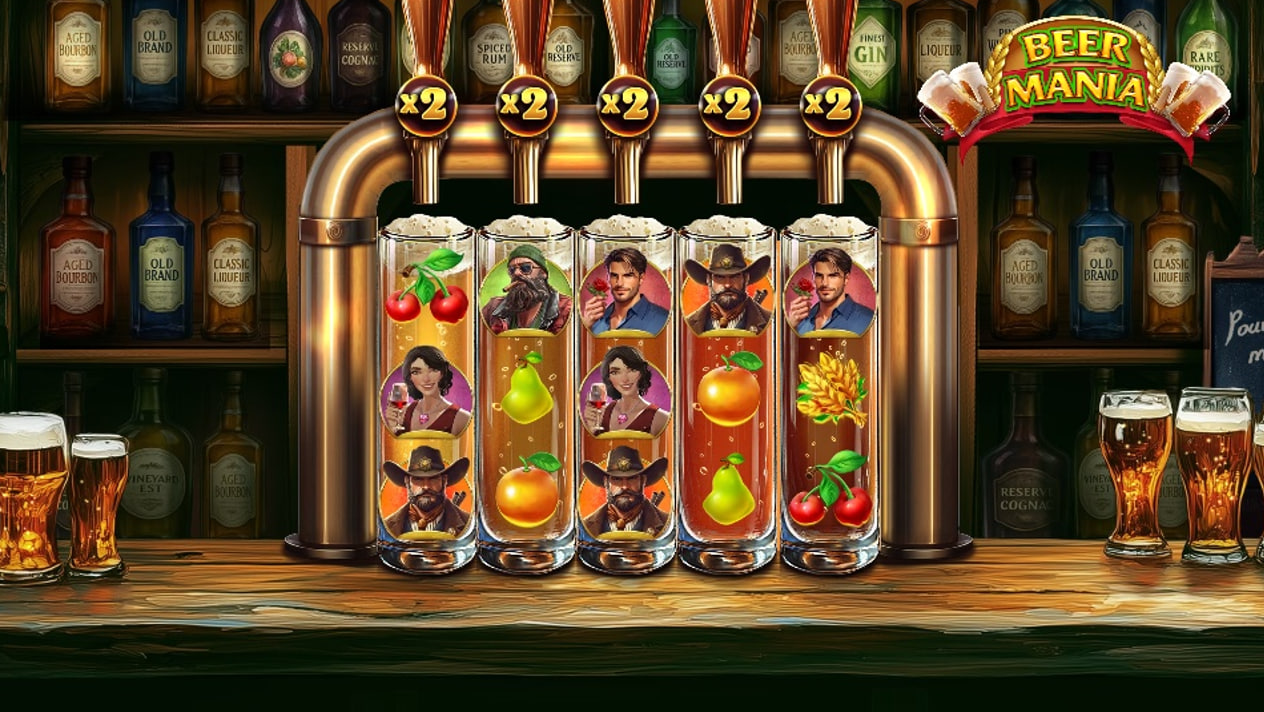 A screenshot of the Beer Mania slot showcasing its unique gameplay, where the 5x3 reels are shaped like beer glasses, with several x2 multipliers active above them.