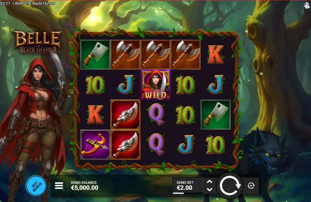 The main gameplay screen of the Belle the Blade Hunter slot demo, showing the 5x4 reel grid and the main character.