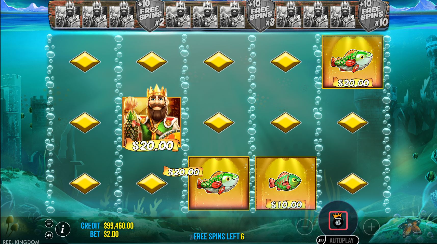 The special grid for the Gold Ness Monster Free Spins, featuring only money symbols, fisherman wilds, and blanks.