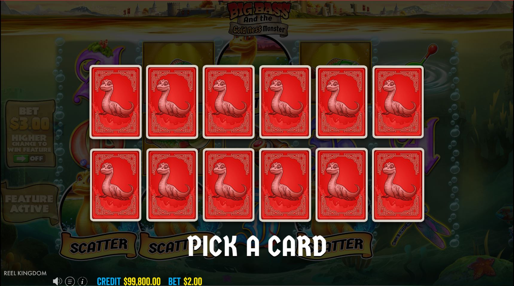The Pick a Card pre-bonus feature in Big Bass and the Gold Ness Monster, where the player selects the type of free spins round.