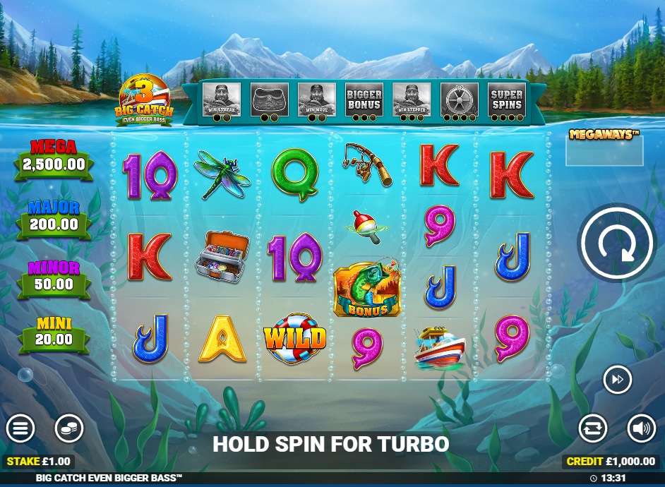 The main 6-reel game grid of the Big Catch Even Bigger Bass 3 slot, showing the Megaways layout and bonus trail.