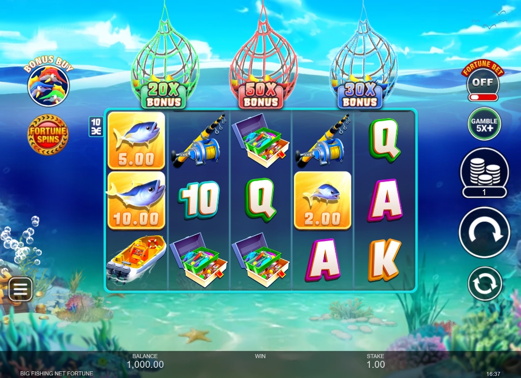 The 5x3 game grid of the Big Fishing Net Fortune slot, showing fish money symbols on the reels and three overhead bonus prize nets with multipliers.