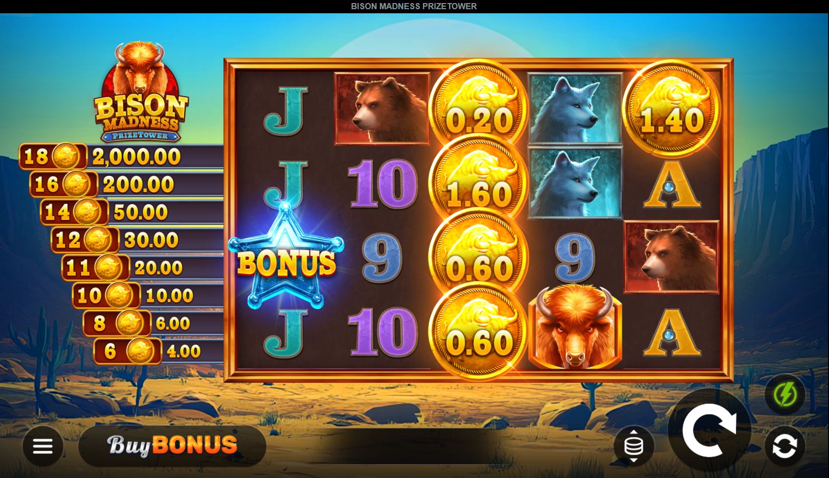 The base game grid of Bison Madness PrizeTower slot, showing the 5x4 layout and the PrizeTower ladder on the left.