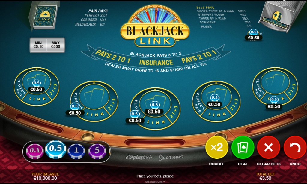 The game table layout for the Blackjack Link game by Playtech, showing the five betting hands and side bet options.