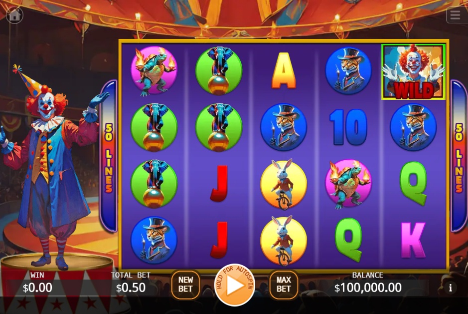 The main 5x4 game grid of the Blazing Circus slot, showing the circus animal symbols and the clown wild.