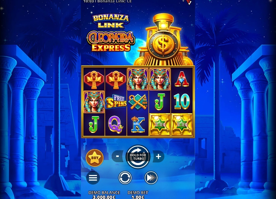 The base game screen of Bonanza Link: Cleopatra Express slot, showing the 5x3 reel layout against the Egyptian ruins backdrop.